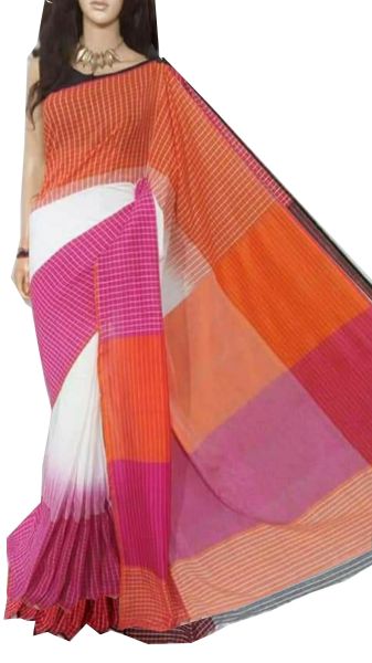 White & Rani Orange Border Cotton Ikkat saree