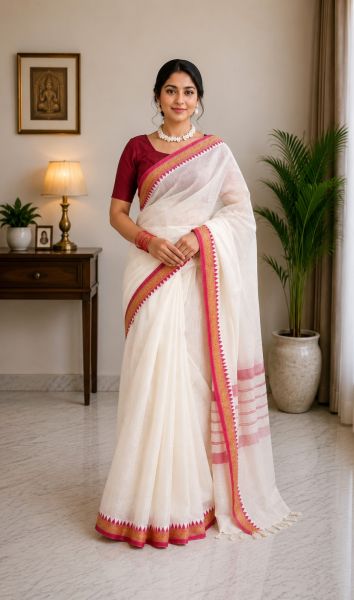 White Pure Handloom Mulmul Cotton Saree From Bengal