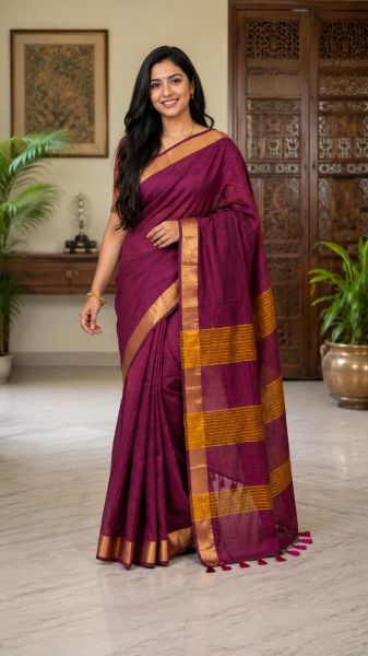 Magenta Pure Handloom Cotton Saree From Bengal