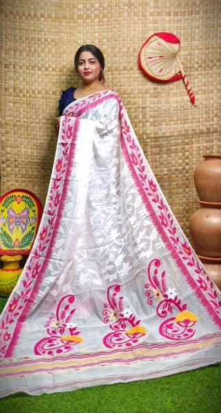 White Pure Handloom Dhakai Jamdani Cotton Saree From Bengal