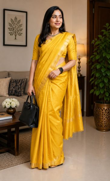 Mustard Yellow Pure Handloom Maslin Tussar Silk Saree From Bengal