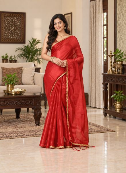 Bright Red Pure Handloom Tissue Saree From Bengal
