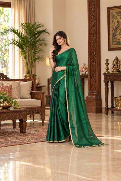 Emerald Green Pure Handloom Tissue Saree From Bengal
