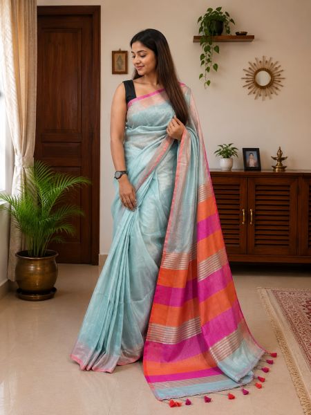Light Blue With Multi colored Stried Pallu Pure Handloom Tissue Cotton Saree From Bengal