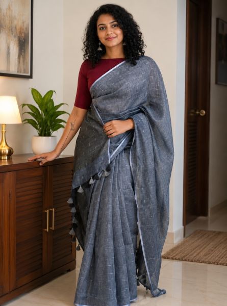 Steel Gray Pure Handloom Linen By Linen Saree From Bengal