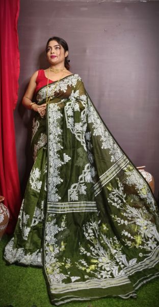 Mehandi Green Pure Handloom Dhakai Jamdani Cotton Saree From Bengal