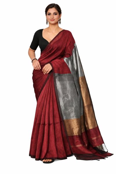 Maroon Golden Silver Pure Handloom Cotton Saree From Bengal