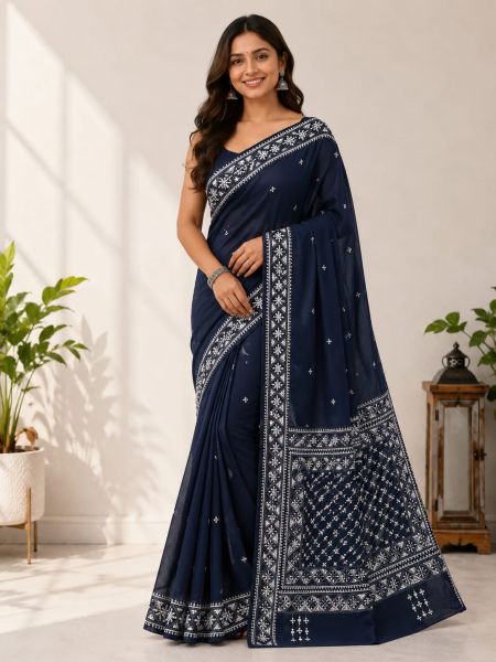 Bluish Pure Handloom Semi Silk Kanthastitch Saree From Bengal