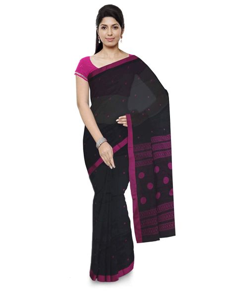 Black Pure Handloom Jamdani Cotton Silk Saree