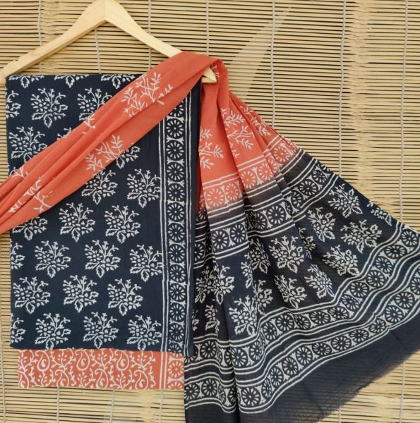 Peach Black White Hand Block Printed Cotton Suit And Pant And Dupatta