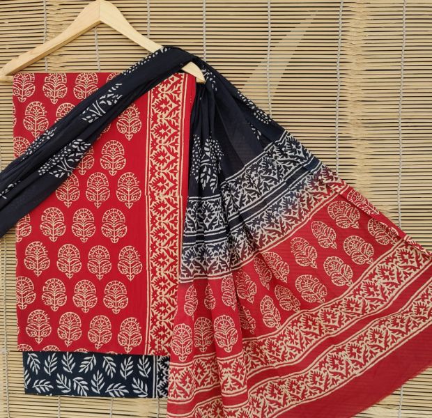 Red Black WHite Hand Block Printed Cotton Suit And Pant And Dupatta