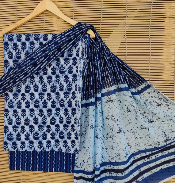 Navy Blue White Black Hand Block Printed Cotton Suit And Pant And Dupatta