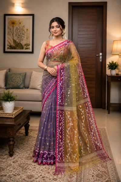 Purple Pure Handloom Resham Dhakai Jamdani Saree From Bengal