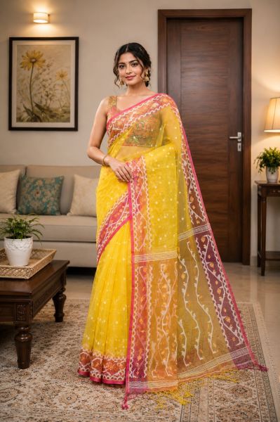 Bright Yellow Pure Handloom Resham Dhakai Jamdani Saree From Bengal