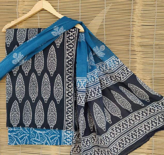 Black Blue White Hand Block Printed Cotton Suit And Pant And Dupatta