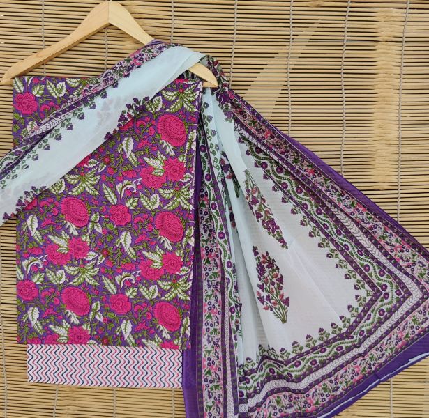 Purple White Hand Block Printed Cotton Suit And Pant And Dupatta