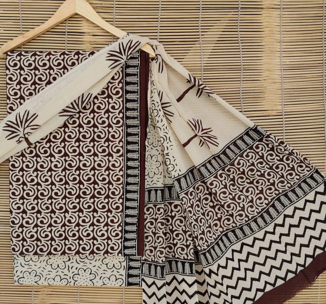 Brown Black Off White Hand Block Printed Cotton Suit And Pant And Dupatta
