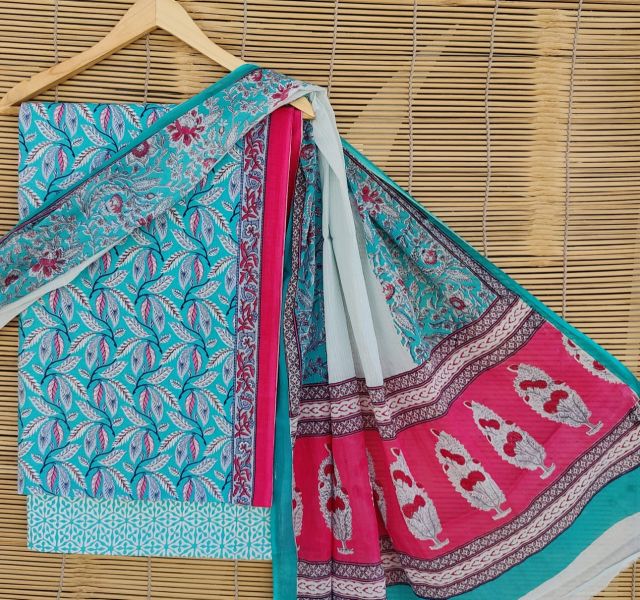 White Sky Blue Pink Hand Block Printed Cotton Suit And Pant And Dupatta