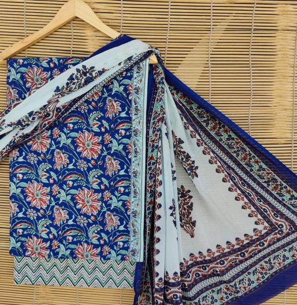 Royal Blue White Hand Block Printed Cotton Suit And Pant And Dupatta