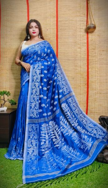 Blue Cotton Dhakai Jamdani Flower Design Saree