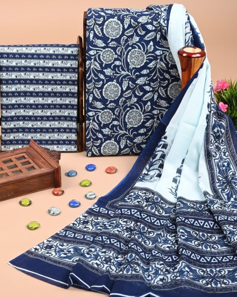 Dark Blue Grey Handloom Suit With Cotton Dupatta