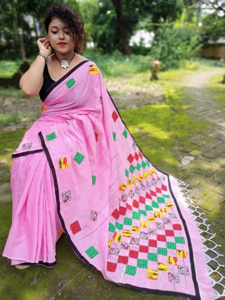 Pink Pure Handloom Cotton Saree From Bengal