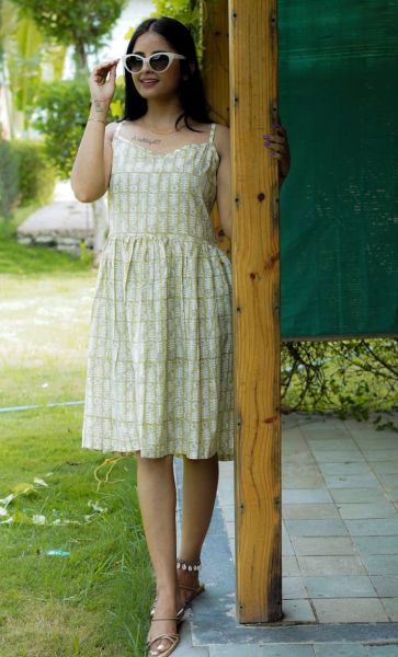 Light Brown Hand Block Printed Cotton One Piece From Rajasthan