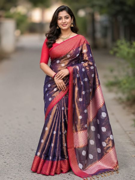 Mulberry Purple Pure Handloom Silk Tissue Saree From Bengal