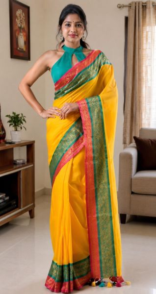Bright Yellow Pure Handloom Cotton Saree From Bengal