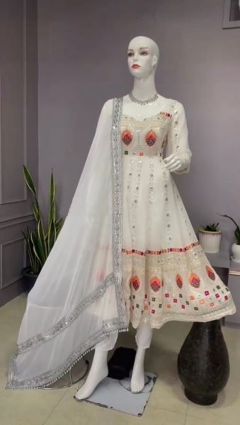 White Embroidery Work Georgette Gown With Pant And Dupatta