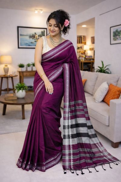Magenta Pure Handloom Cotton Saree From Bengal