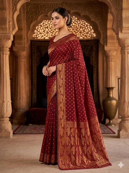 Bright Maron Pure Handloom Dhakai Jamdani Saree From Bengal