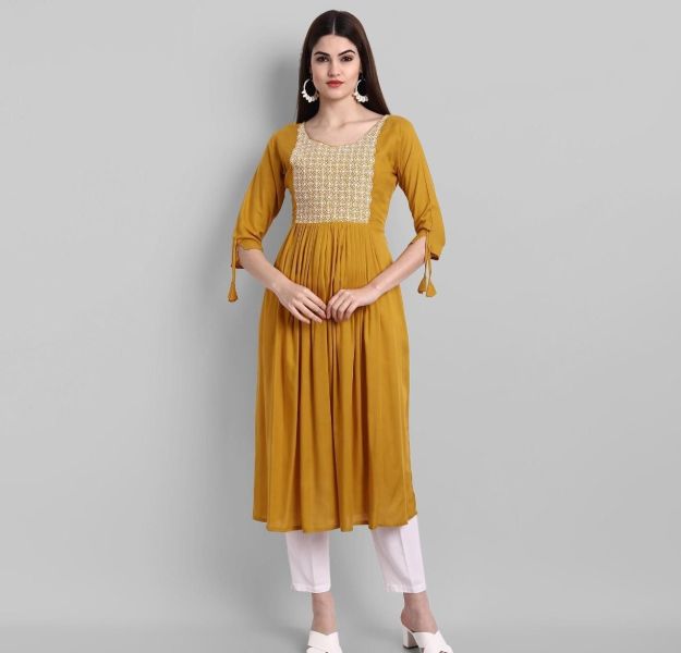 Yellow Embroidery Work Rayon Cotton Kurti