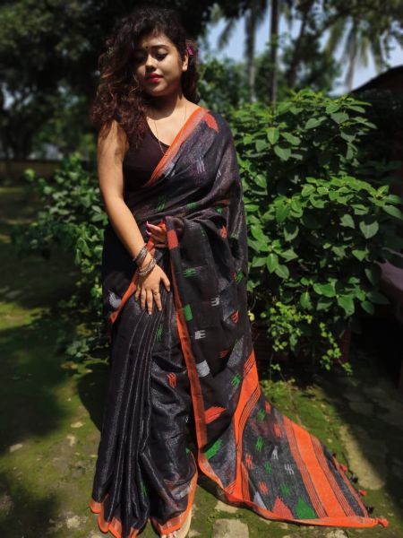 Black Buti Linen Handloom Saree From Bengal