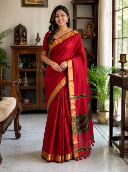 Bright Red Pure Handloom Cotton Saree From Bengal