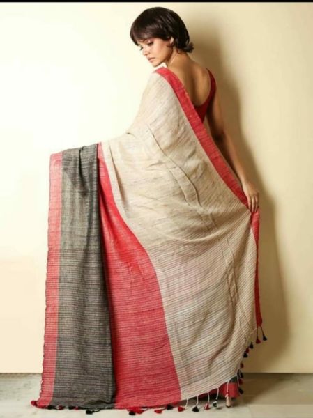 Cream Red Black Plain Body Pure Handloom Resham Saree