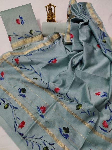 Ash Hand Block Printed Maheswari Silk Kurti Dupatta And Cotton Pant