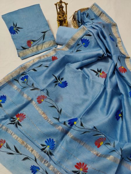 Sky Blue Hand Block Printed Maheswari Silk Kurti Dupatta And Cotton Pant