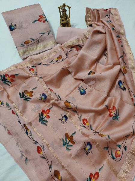Peach Hand Block Printed Maheswari Silk Kurti Dupatta And Cotton Pant