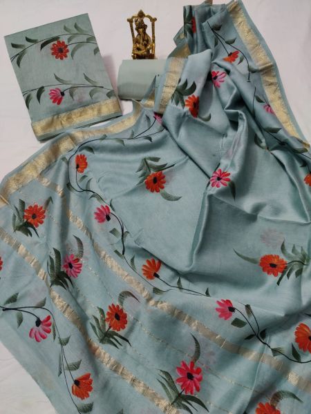 Sea Blue Hand Block Printed Maheswari Silk Kurti Dupatta And Cotton Pant