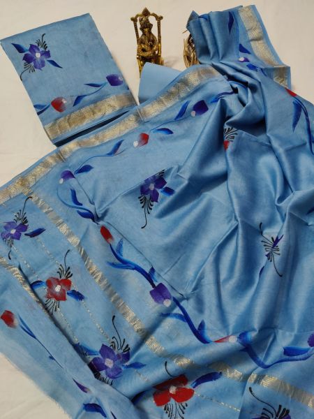 Blue Hand Block Printed Maheswari Silk Kurti Dupatta And Cotton Pant
