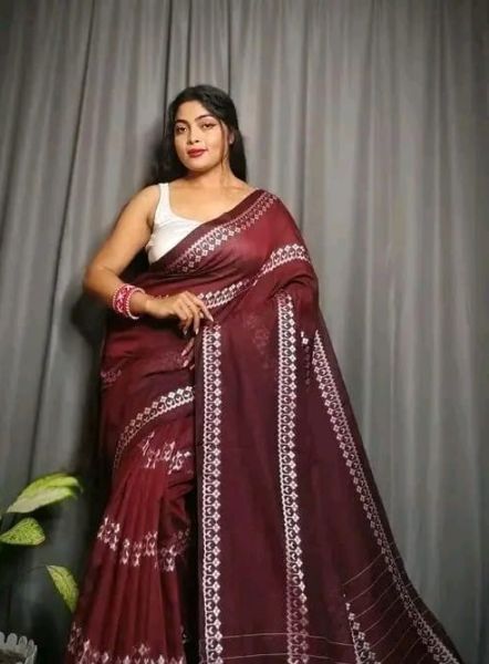 Maroon Pure Handloom Cotton Saree From Bengal