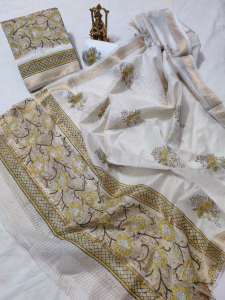 White Cream Hand Block Printed Maheswari Silk Kurti Dupatta And Cotton Pant