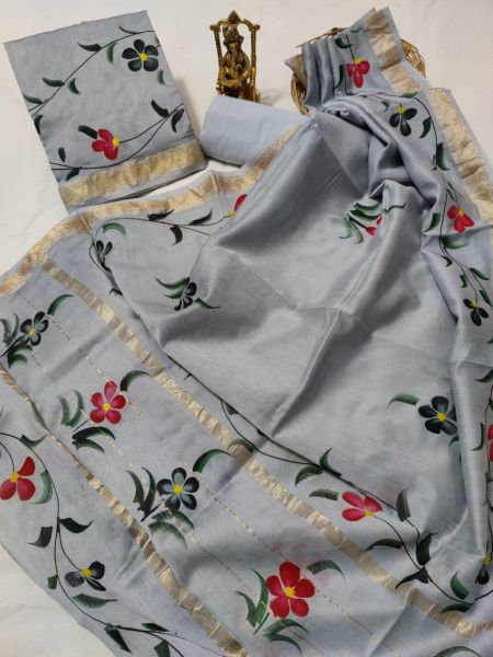 Ash Hand Block Printed Maheswari Silk Kurti Dupatta And Cotton Pant