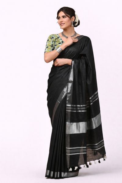 Elegant Black Pure Linen Handloom Saree – Bihar Craft