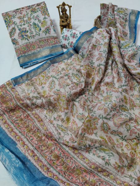 Multicolor Hand Block Printed Maheswari Silk Kurti Dupatta And Cotton Pant