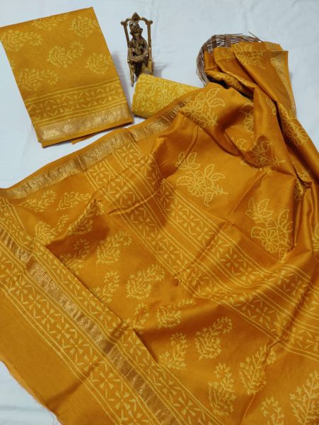 Yellow Hand Block Printed Maheswari Silk Kurti Dupatta And Cotton Pant