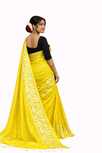 Yellow Silk Cotton Pure Handloom Saree From Bengal