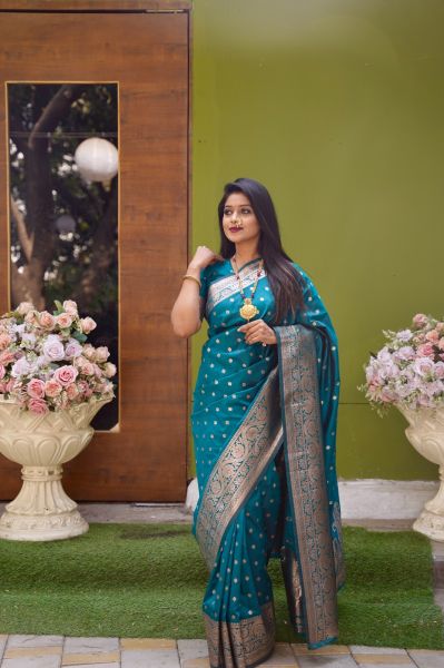 Sea Blue Katan Silk Body Butta Design Saree From Bengal