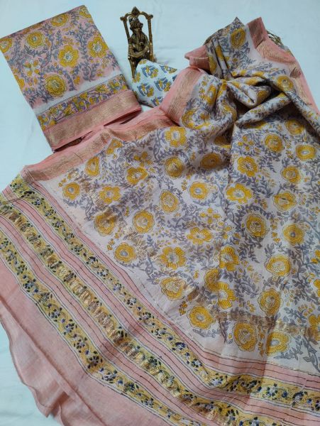 Pink Wite Hand Block Printed Maheswari Silk Kurti Dupatta And Cotton Pant